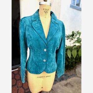 VTG Live a Little Turquoise Suede Leather 2 Rhinestone Button Fitted Jacket SZ M
